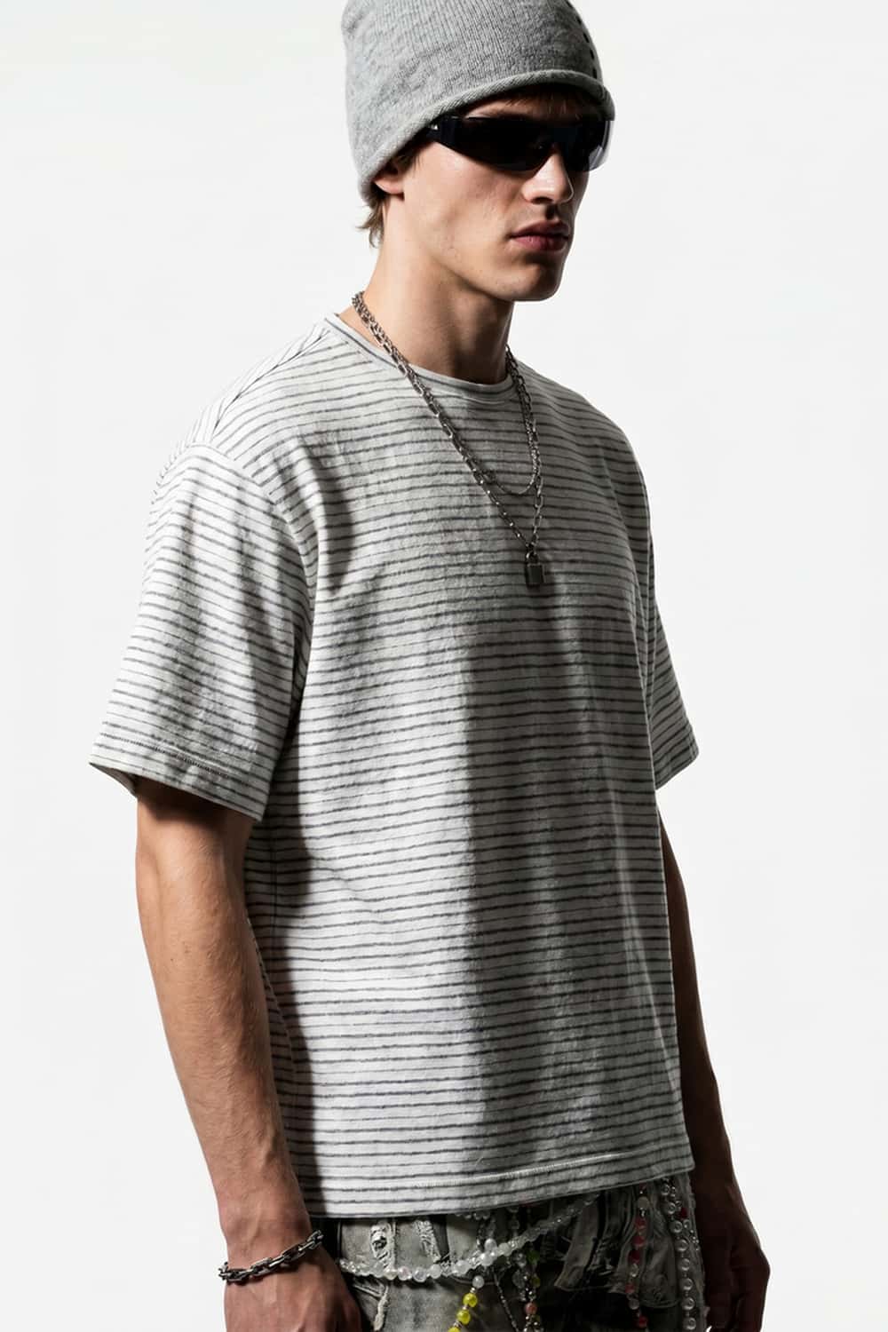 Textured Striped Loose Tee - Dark Gray