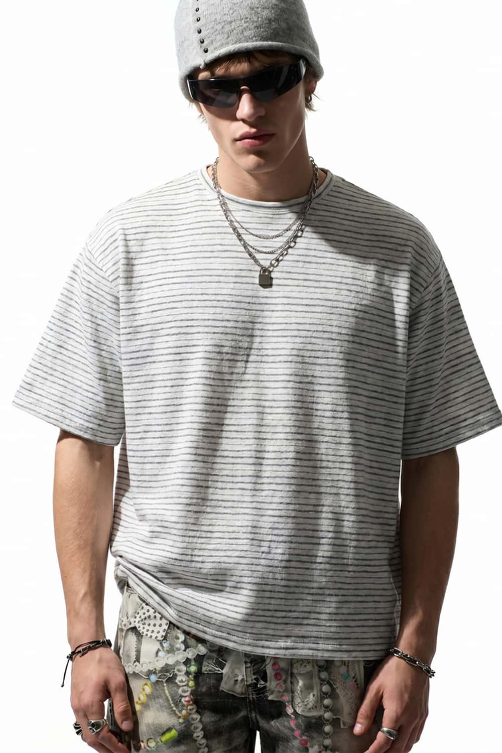 Textured Striped Loose Tee - Dark Gray