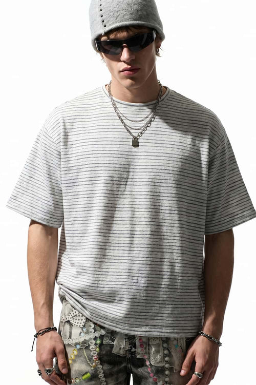 Textured Striped Loose Tee - Dark Gray