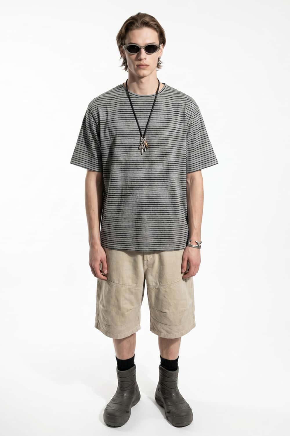 Textured Striped Loose Tee - Dark Gray
