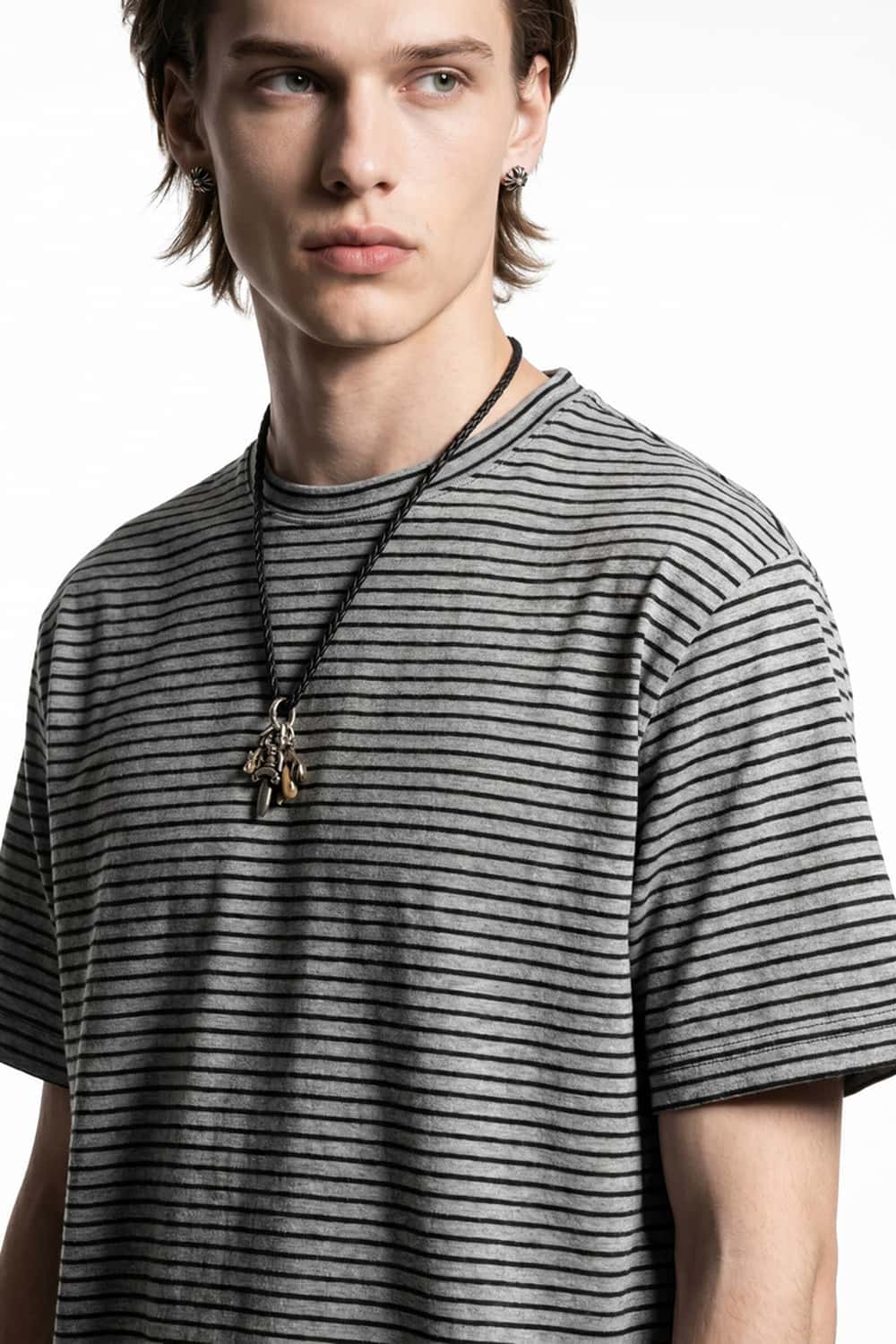 Textured Striped Loose Tee - Dark Gray