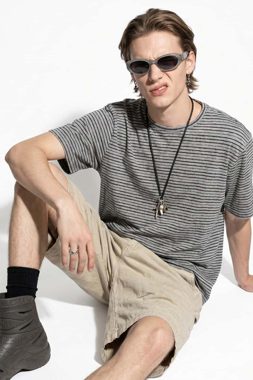 Textured Striped Loose Tee - Dark Gray