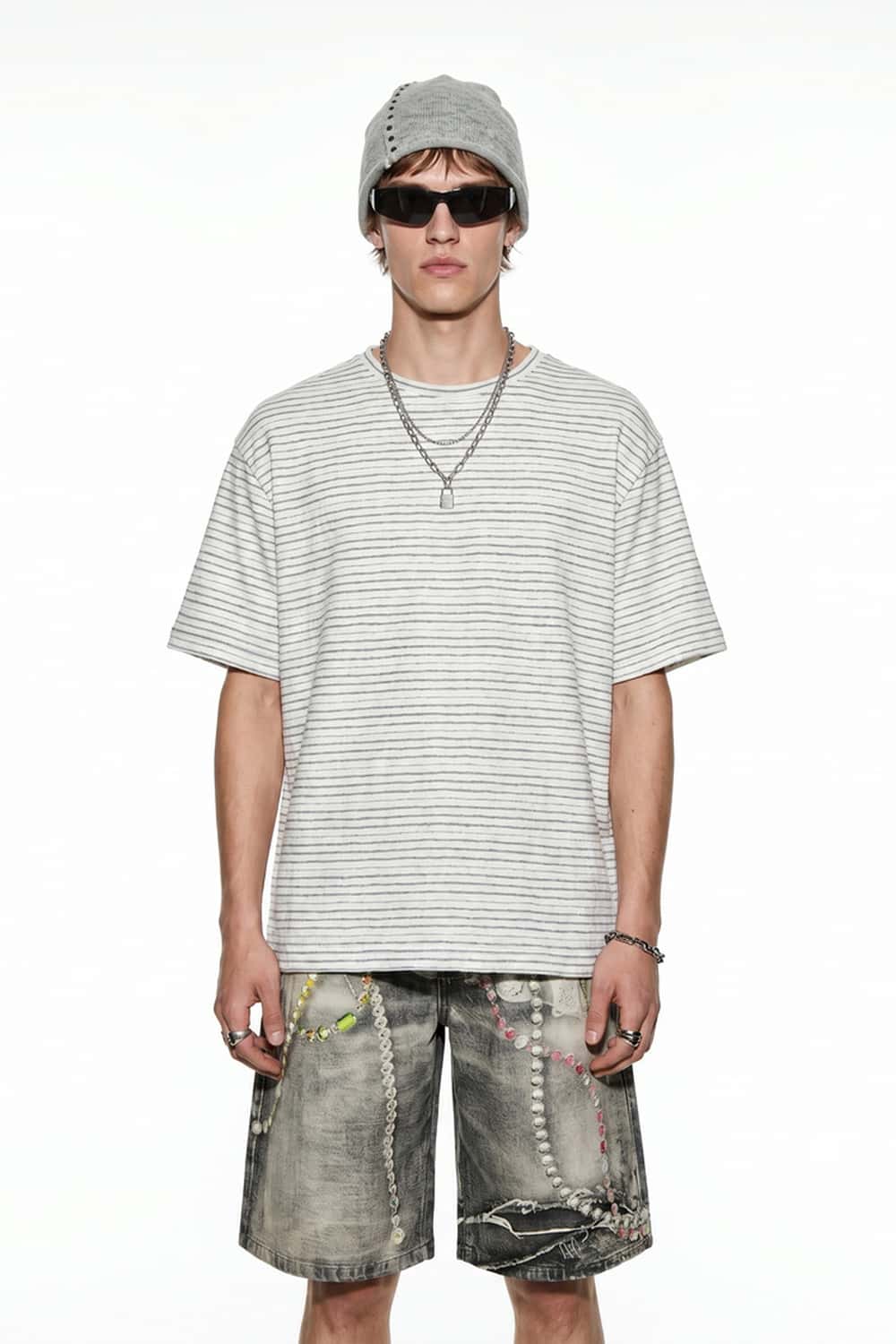 Textured Striped Loose Tee - Light Gray