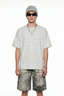 Textured Striped Loose Tee - Light Gray