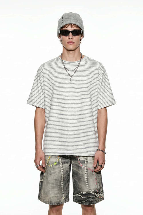 Textured Striped Loose Tee - Light Gray