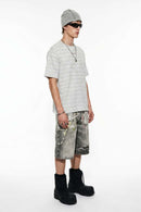 Textured Striped Loose Tee - Light Gray