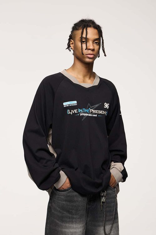 Paneled Graphic Long Sleeve T-Shirt - Active Black