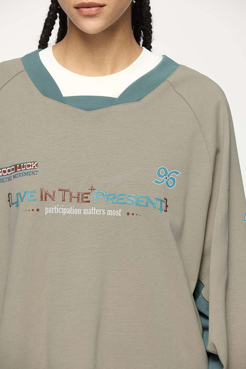 Paneled Graphic Long Sleeve T-Shirt - Khaki