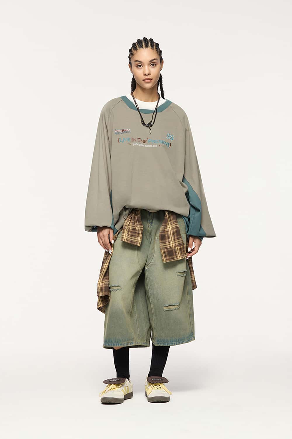 Paneled Graphic Long Sleeve T-Shirt - Khaki