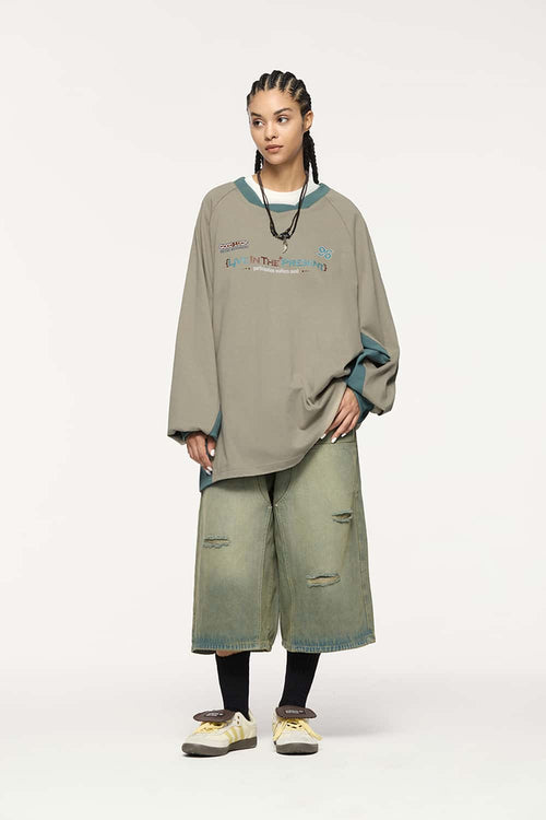 Paneled Graphic Long Sleeve T-Shirt - Khaki