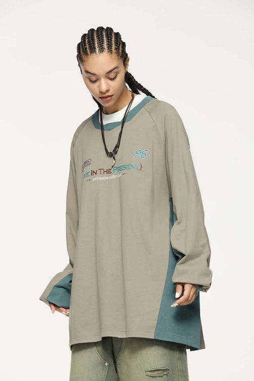 Paneled Graphic Long Sleeve T-Shirt - Khaki