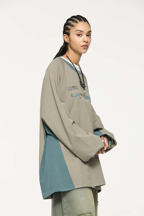 Paneled Graphic Long Sleeve T-Shirt - Khaki