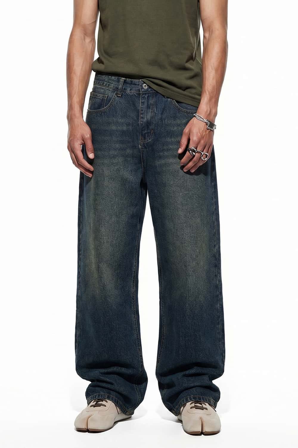 Washed Wide-Leg Denim Jeans - Blue