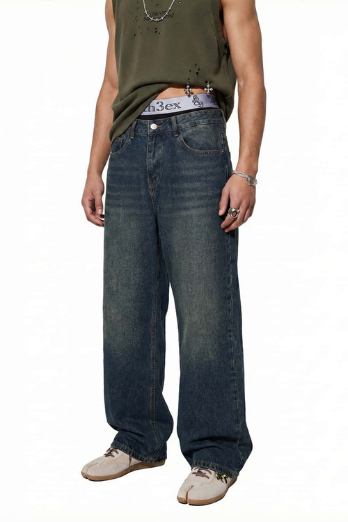 Washed Wide-Leg Denim Jeans - Blue