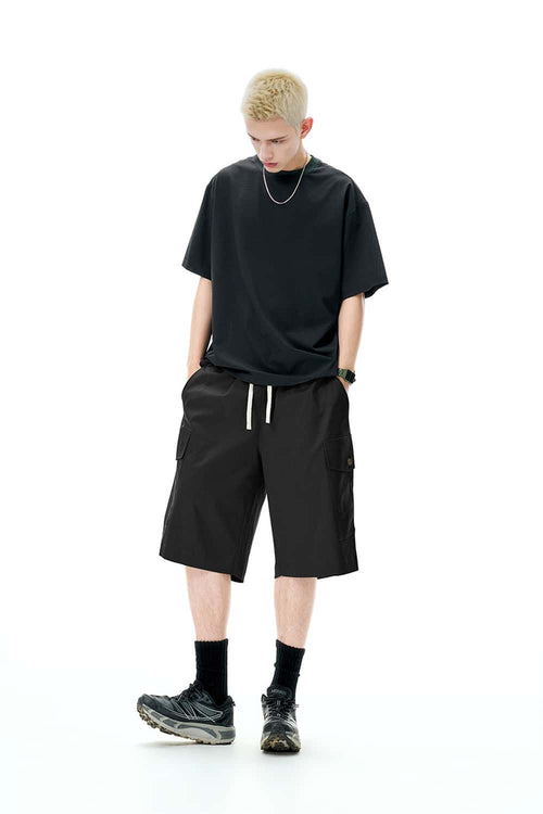 Knee-Length Drawstring Cargo Shorts - Black