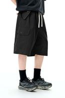 Knee-Length Drawstring Cargo Shorts - Black