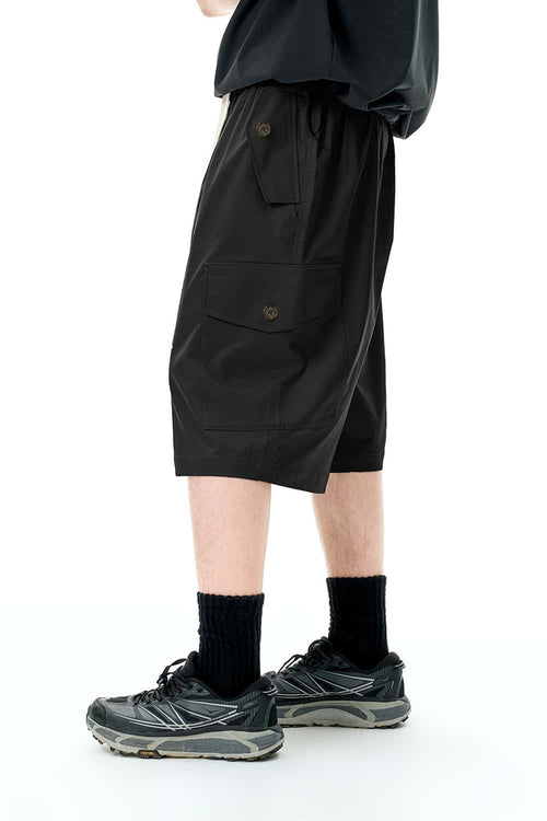Knee-Length Drawstring Cargo Shorts - Black