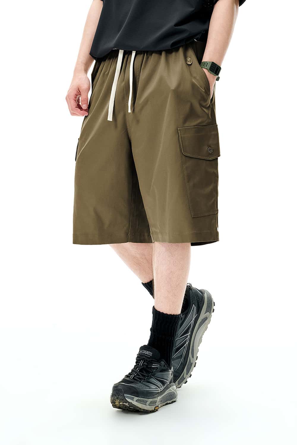 Knee-Length Drawstring Cargo Shorts - Dark Khaki