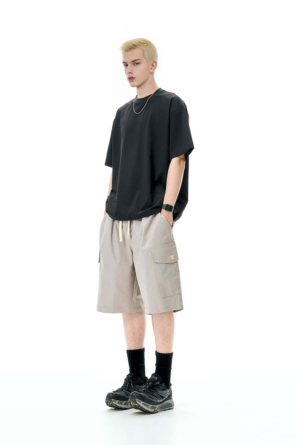 Knee-Length Drawstring Cargo Shorts - Light Gray