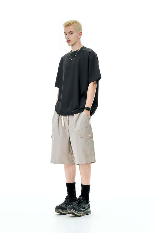 Knee-Length Drawstring Cargo Shorts - Light Gray