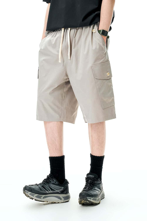 Knee-Length Drawstring Cargo Shorts - Light Gray