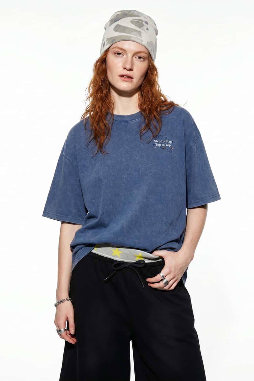 Washed Letter Back Graphic T-Shirt - Blue