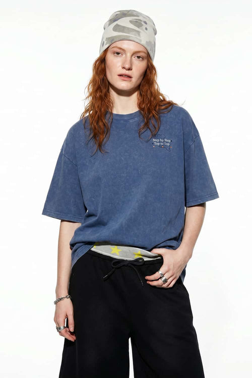 Washed Letter Back Graphic T-Shirt - Blue
