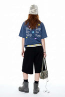 Washed Letter Back Graphic T-Shirt - Blue