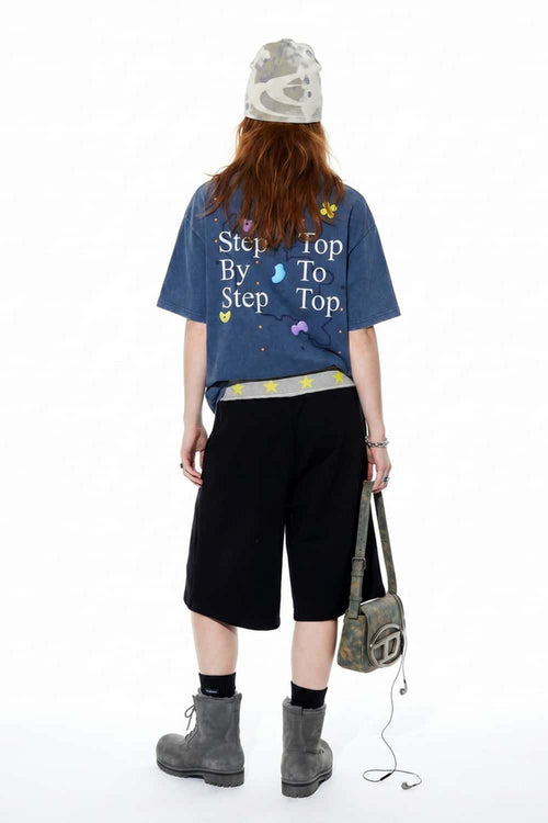 Washed Letter Back Graphic T-Shirt - Blue
