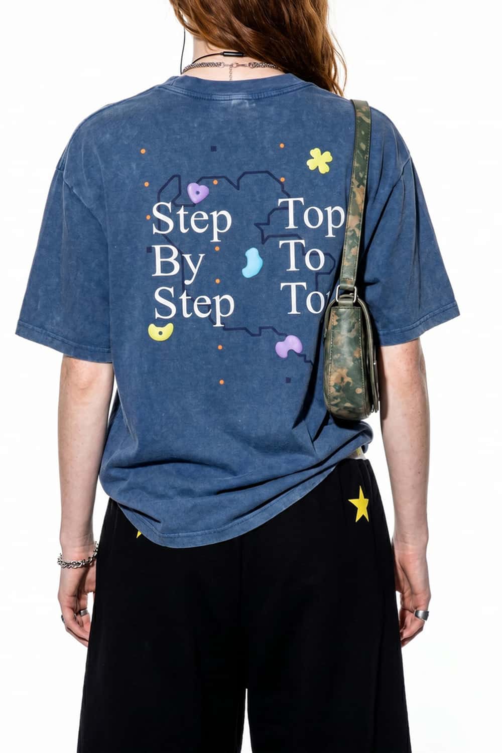 Washed Letter Back Graphic T-Shirt - Blue