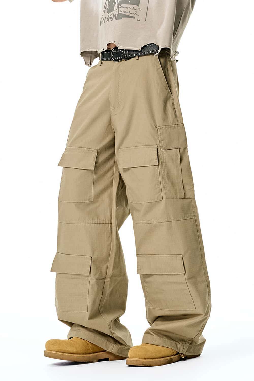 Ripstop Wide-Leg Cargo Pants - Khaki