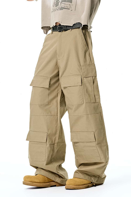 Ripstop Wide-Leg Cargo Pants - Khaki