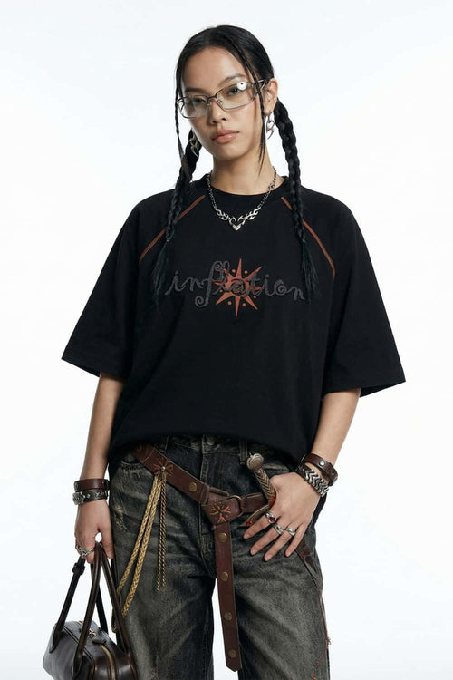 Chenille Graphic Loose T-Shirt - Black