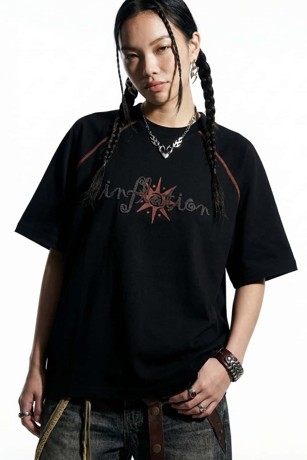 Chenille Graphic Loose T-Shirt - Black