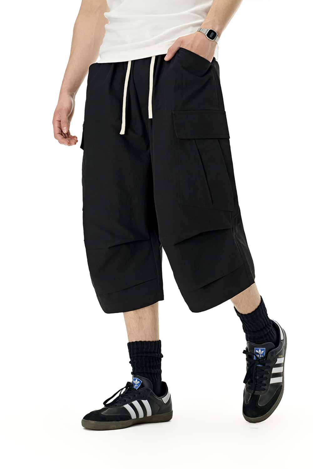 Loose Utility Cropped Cargo Pants - Black