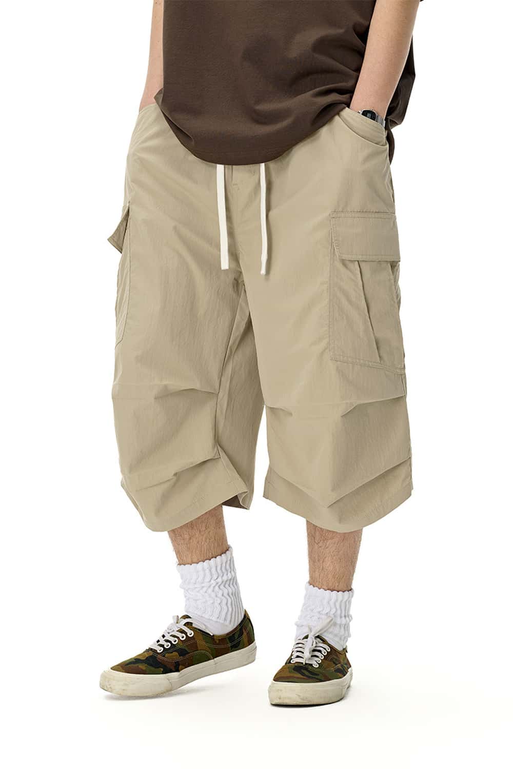 Loose Utility Cropped Cargo Pants - Light Khaki