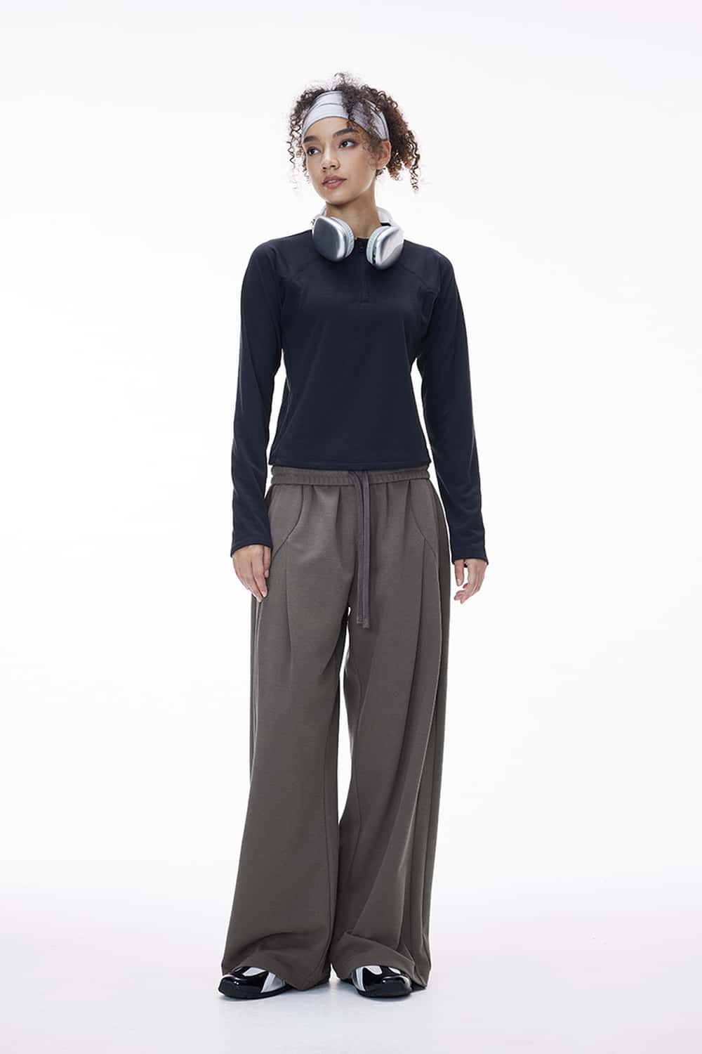Soft Drawstring Wide-Leg Pants - Dark Gray