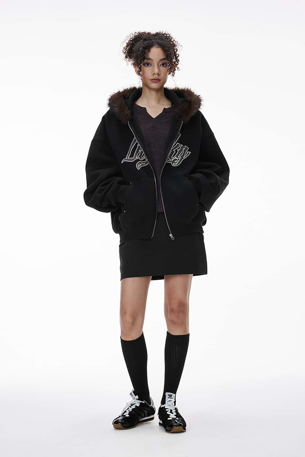 Faux-Fur Trim Boxy Zip Hoodie - Active Black