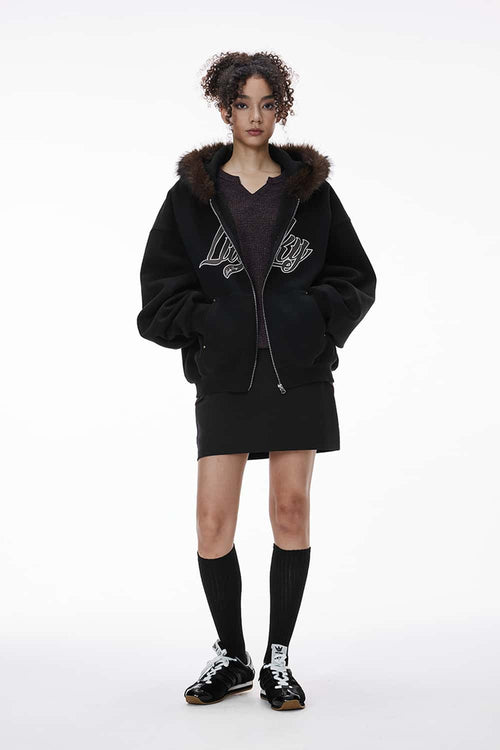 Faux-Fur Trim Boxy Zip Hoodie - Active Black