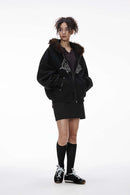 Faux-Fur Trim Boxy Zip Hoodie - Active Black