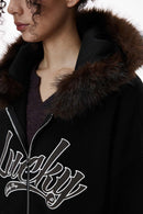 Faux-Fur Trim Boxy Zip Hoodie - Active Black