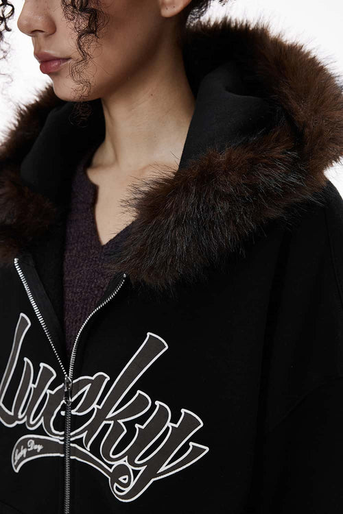 Faux-Fur Trim Boxy Zip Hoodie - Active Black
