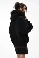Faux-Fur Trim Boxy Zip Hoodie - Active Black