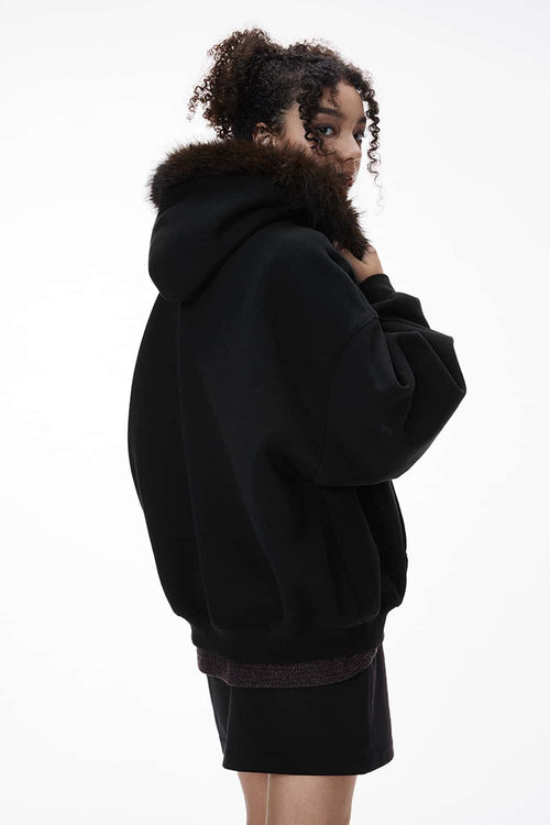 Faux-Fur Trim Boxy Zip Hoodie - Active Black