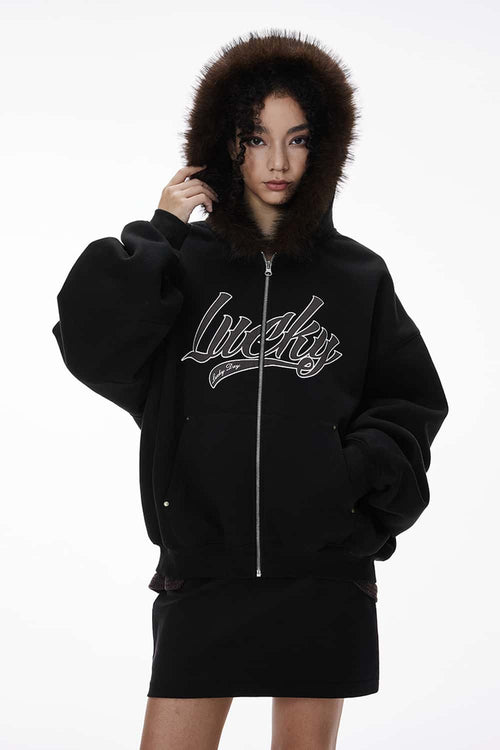 Faux-Fur Trim Boxy Zip Hoodie - Active Black