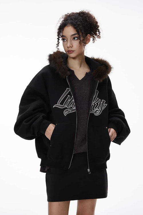 Faux-Fur Trim Boxy Zip Hoodie - Active Black