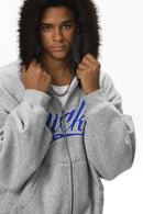 Faux-Fur Trim Boxy Zip Hoodie - Flower Gray