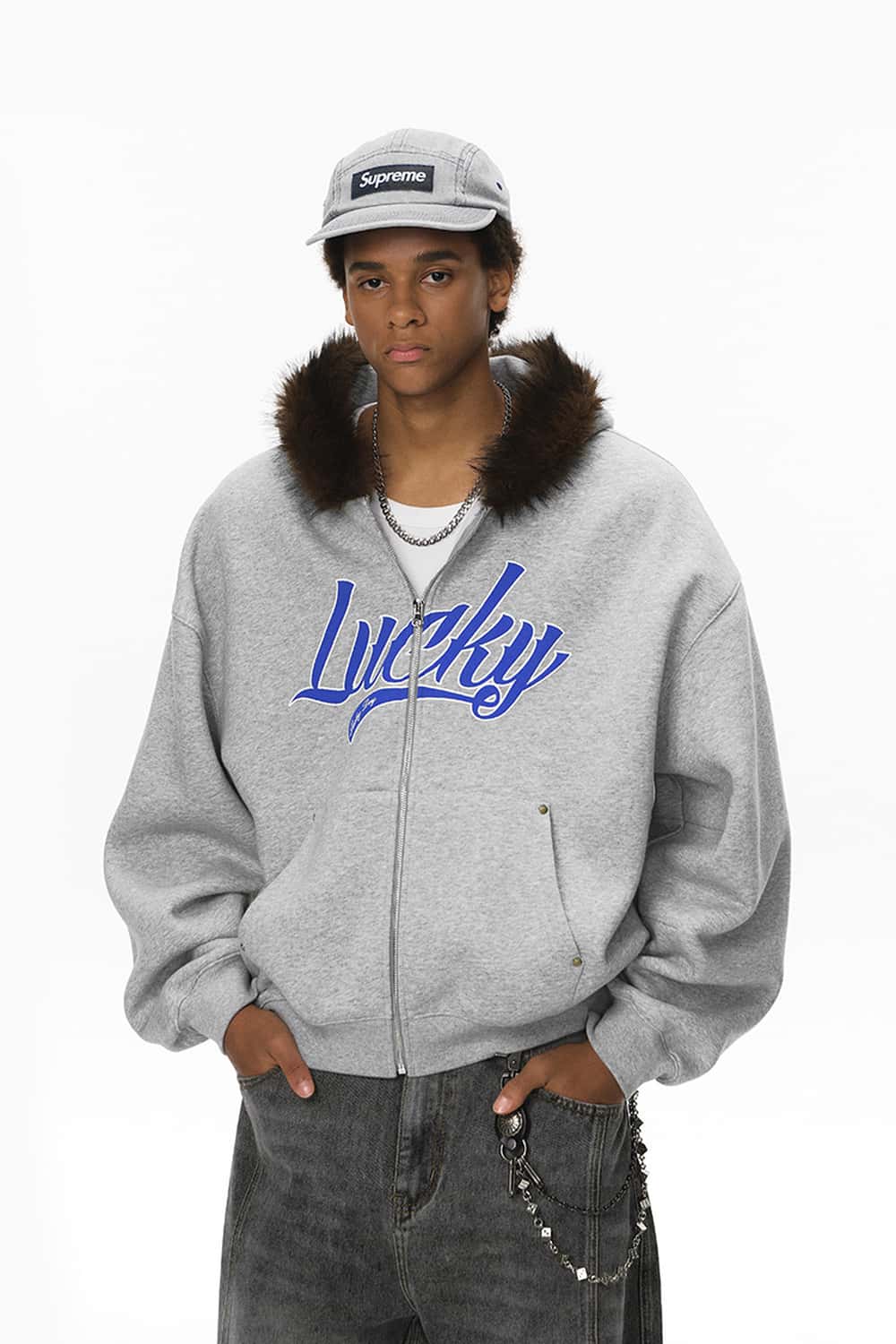 Faux-Fur Trim Boxy Zip Hoodie - Flower Gray