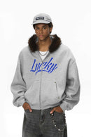 Faux-Fur Trim Boxy Zip Hoodie - Flower Gray