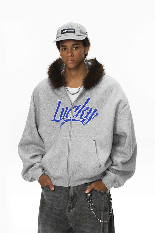 Faux-Fur Trim Boxy Zip Hoodie - Flower Gray